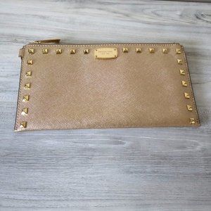 Michael Kors Gold Leather Studded Large Wristlet Clutch